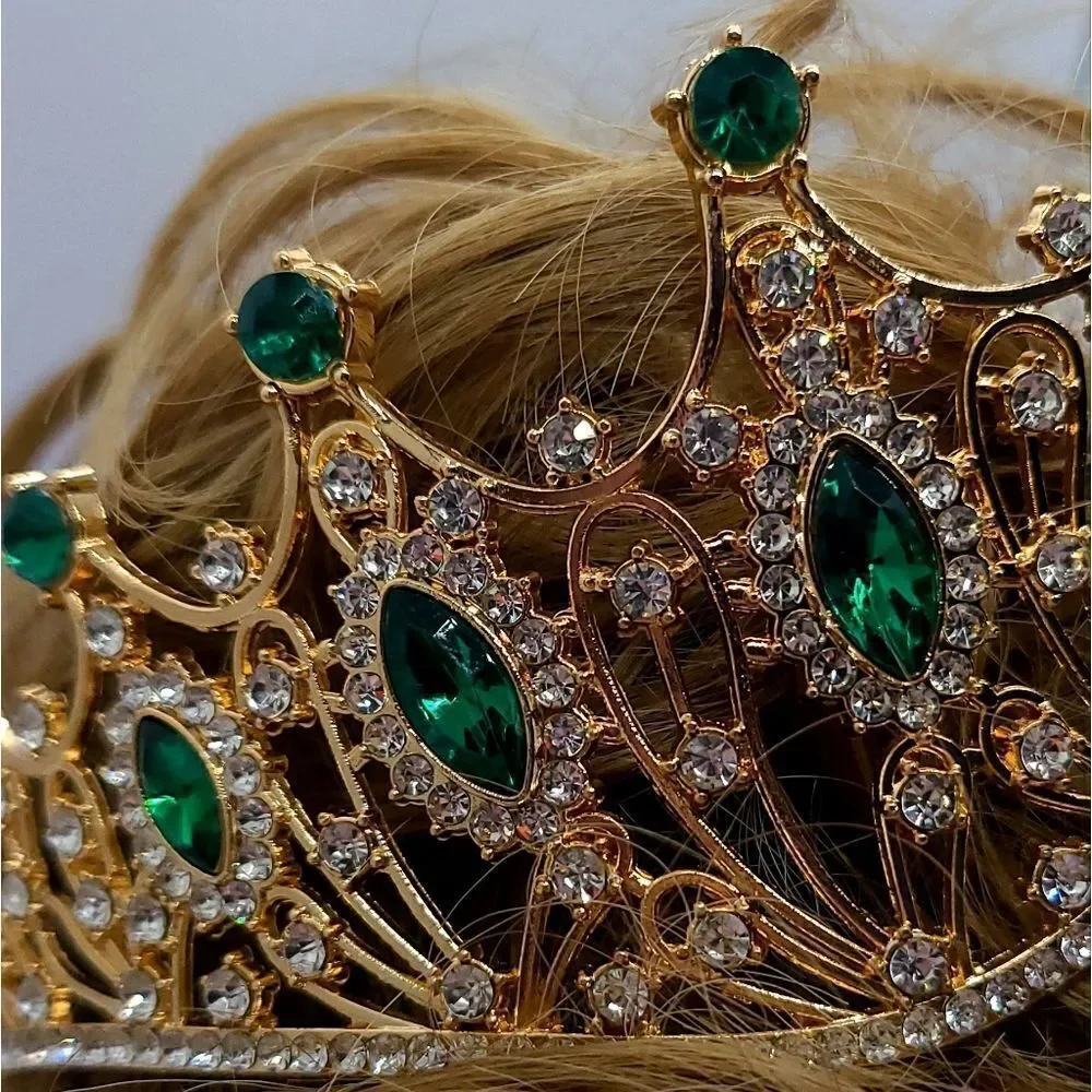Emerald Gold Tiara Royal Wedding Bride Bridal Pageant Crown Rhinestone Birthday